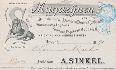 712052 Nota van A. Sinkel, Magazijnen van Manufacturen, Heeren en Dames Confecties, Trousseaux et Layettes, Inrighting ...
